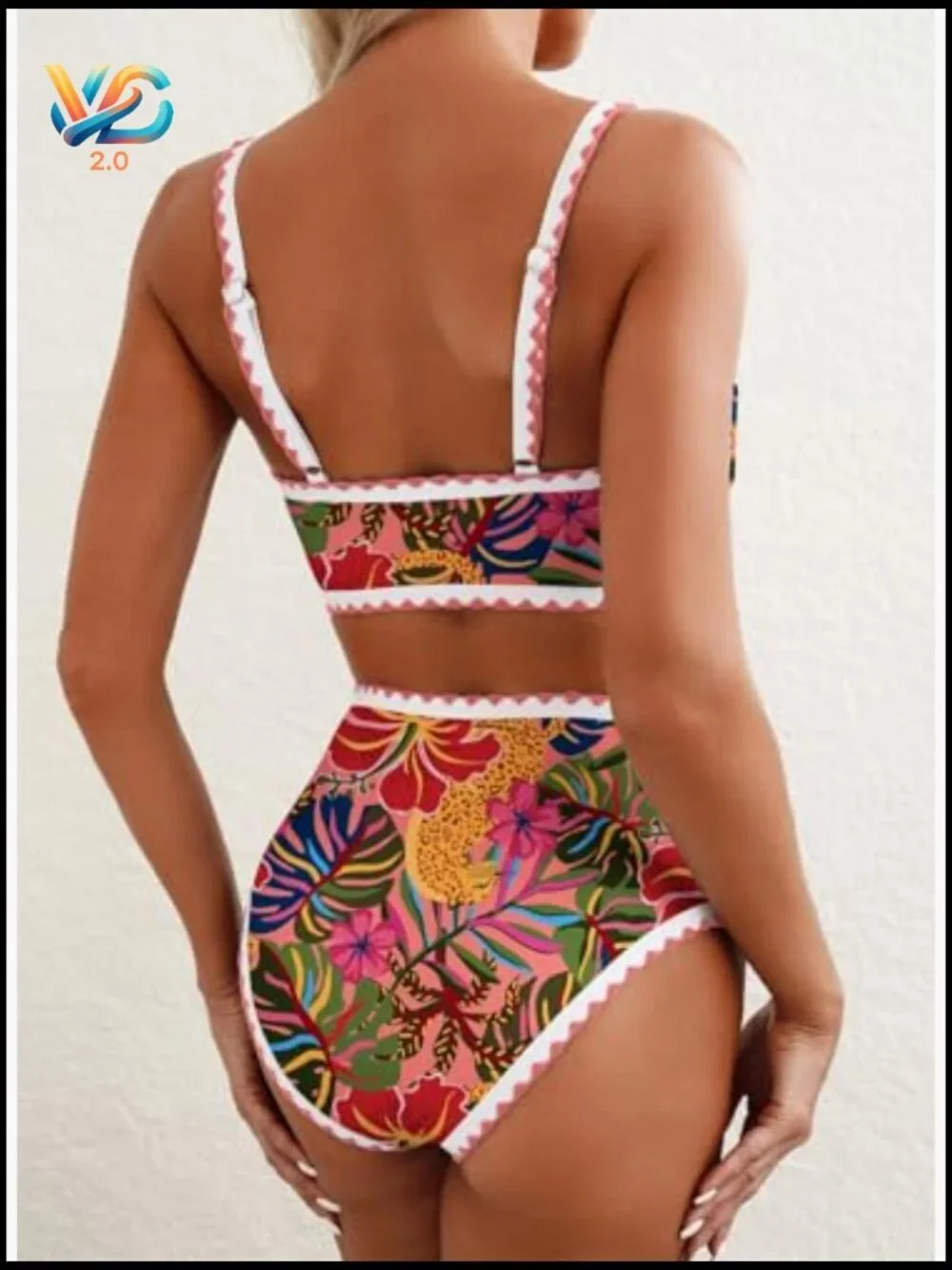 Floral Print High Waisted Bikini Set Scoop Neck Padded Tummy Control Two Piece